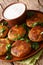 Aloo tikkiÂ is a popular North Indian snack of spiced, crisp potato patties with yogurt close-up in a plate. vertical